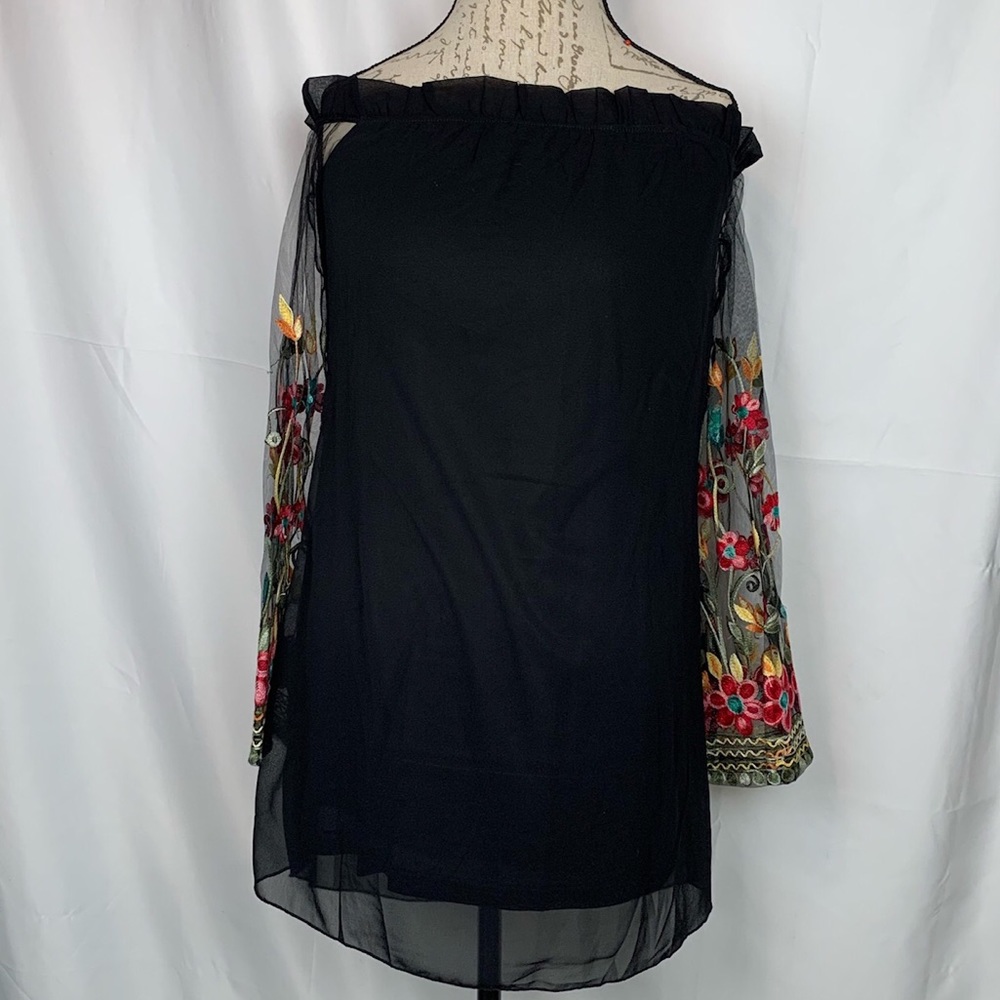 Black Off The Shoulder Floral Long Sleeve Dress S